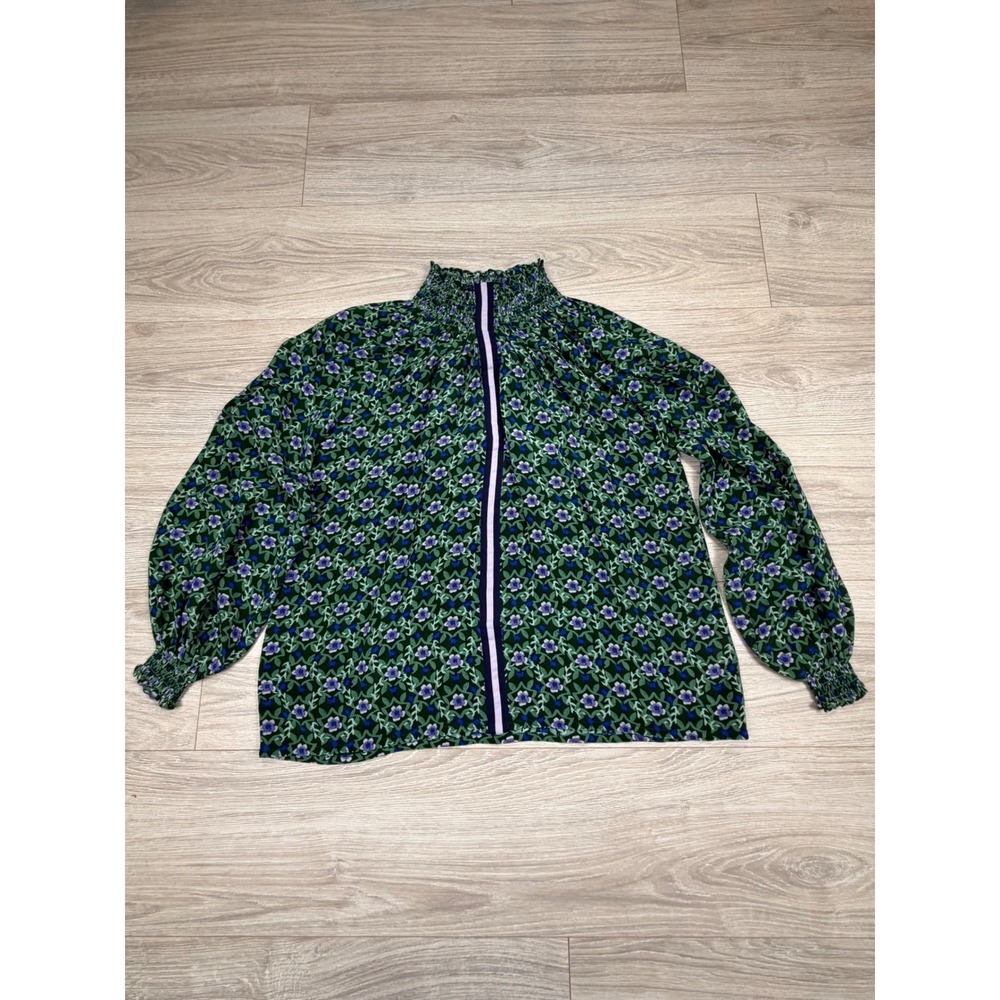 Rungolee Brooklyn Blouse XS Green Floral Silk Smocked High Neck Balloon Sleeve